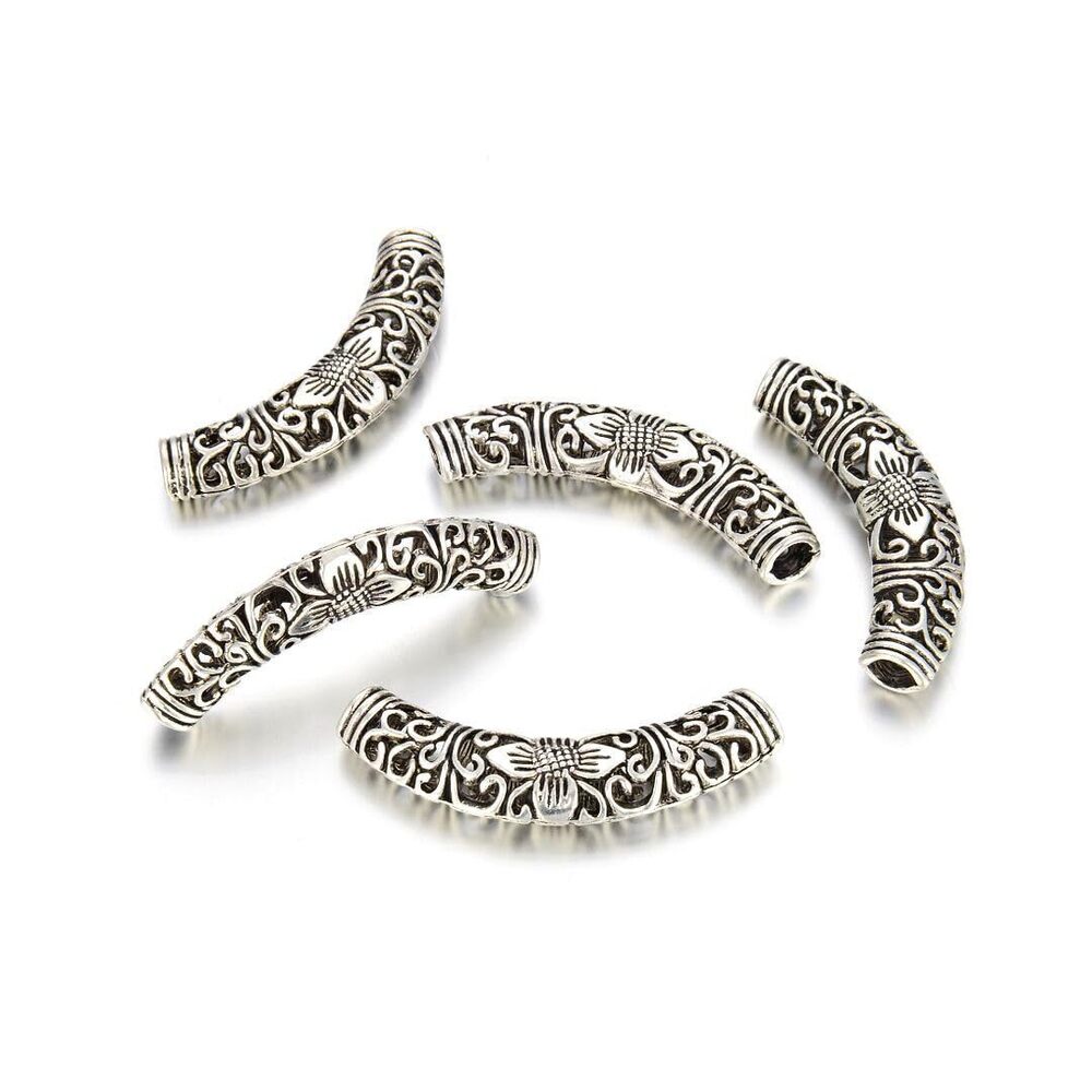 3883 30pcs Curved Noodle Tube 51mm 2 Inch Flower Floral Loose Beads Antique